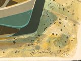 a painting of a boat on the beach with a bird perched on it