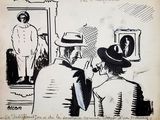drawing of a man looking at a woman in a mirror in front of a mirror