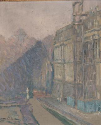 une peinture représentant une scène de rue avec des bâtiments en arrière-plan