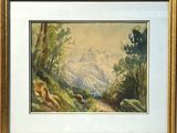 une image d'un tableau représentant une scène de montagne dans un cadre doré