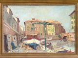 an oil painting of a boat docked in a harbor with buildings in the background