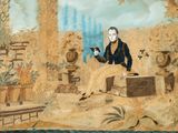 painting of a man sitting in a garden with a glass of wine