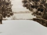 a drawing of a landscape with trees and a lake
