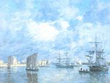 une peinture représentant des bateaux sur l'eau, avec le ciel en arrière-plan