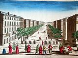 drawing of a view of a city street with people walking on the sidewalk