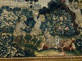 a picture of a tapestry with animals and trees on it