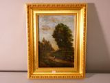 an oil painting of a landscape with trees in a gold frame