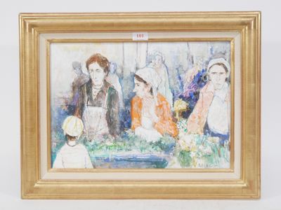 peinture d'un groupe de personnes assises autour d'une table dans une pièce
