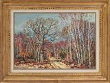 une peinture représentant des arbres dans une zone boisée, avec un chemin de terre