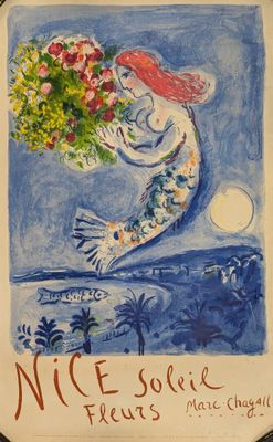 tableau représentant une sirène tenant un bouquet de fleurs posé sur une assiette