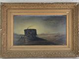an image of a painting of a horse drawn carriage in a field