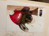 a picture of a painting of a bird with a red heart on it