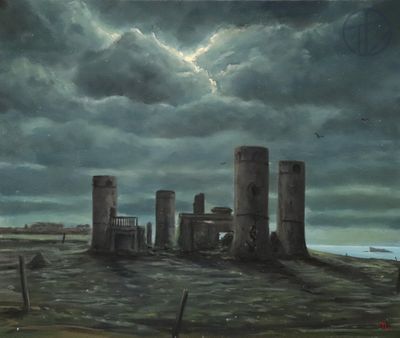un tableau représentant un château au milieu d'un champ