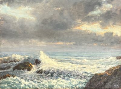 an image of a painting of waves crashing on rocks in the ocean