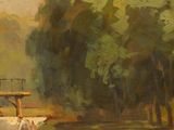 an oil painting of a bridge over a river surrounded by trees