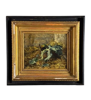 une peinture à l'huile sur toile représentant un lapin dans une meule de foin