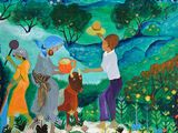 une peinture à l'huile représentant un groupe de personnes marchant dans un champ