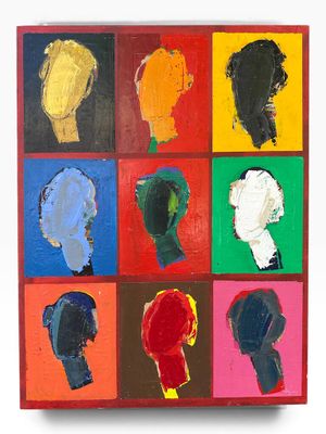 an image of a painting of a group of people ' s heads in different colors