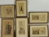 six dessins encadrés représentant un homme et une femme, ainsi qu'un homme et un chien