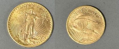 deux pièces d'or, dont l'une est un Saint-Gaudet et l'autre est un Saint-Gaudet