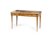 an old wooden desk with two drawers and a drawer underneath it