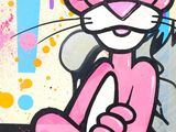 graffiti painting of a pink cat with a purple wig and a cell phone