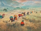painting of a group of people with umbrellas in a field
