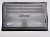 a black laptop with a blue sticker on it