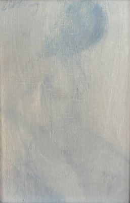 une peinture à l'huile représentant un ciel bleu avec des nuages en arrière-plan