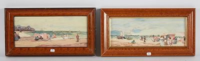 tableau représentant une scène de plage avec des personnes sur le sable et un bateau dans l'eau