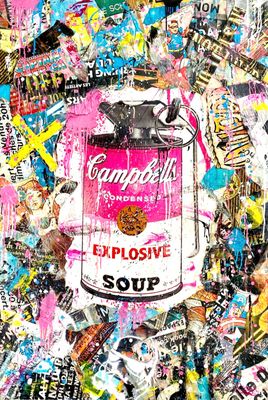 une image représentant un collage d'une boîte de soupe Campbell's posée sur une table