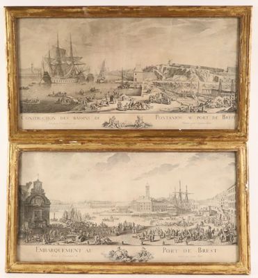 two framed prints of a view of a city and a harbor