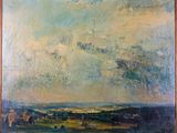 une peinture à l'huile représentant un paysage avec un ciel et des nuages en arrière-plan