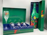 a bottle of wine and six glasses in a box