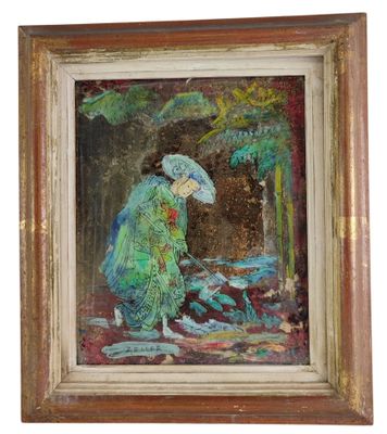 an oil painting of a woman in a green dress and hat