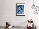 a picture of a room with a rug and a picture on the wall