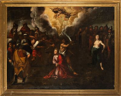 une image représentant un tableau où l'on voit un groupe de personnes debout autour d'un homme tenant une épée