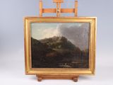 une peinture à l'huile représentant un paysage avec, au loin, un château perché sur une colline