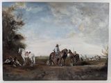 a painting of a group of people riding horses