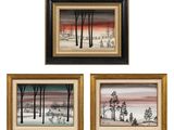 trois tableaux encadrés représentant un paysage hivernal avec des arbres et un lac