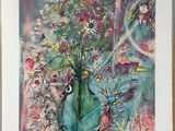 a painting of a vase of flowers on a table