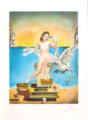 une image représentant un tableau d'une femme nue sur un piédestal, accompagnée d'un oiseau