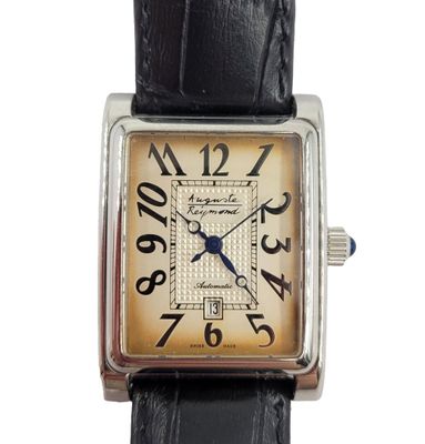 a close up of a watch with a square face on a black leather strap