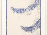 un dessin en bleu et blanc représentant deux oiseaux volant dans le ciel
