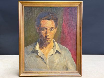 painting of a man in a white shirt in a gold frame