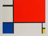 a painting of red, yellow, blue and black squares on a white background
