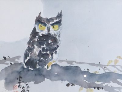a watercolor painting of an owl sitting on a branch