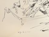 drawing of a group of people sitting on a bed in a room