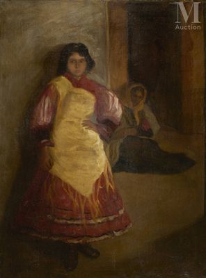 a painting of a woman in a yellow dress standing in front of a mirror
