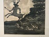 drawing of a man riding a horse with a deer on its back